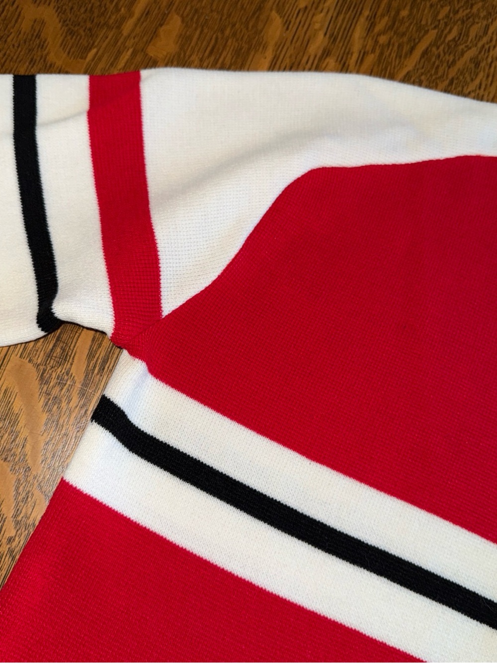 Red Crewneck Sweater with White & Black Stripe - Women's Crew Neck - Picture 7 of 13